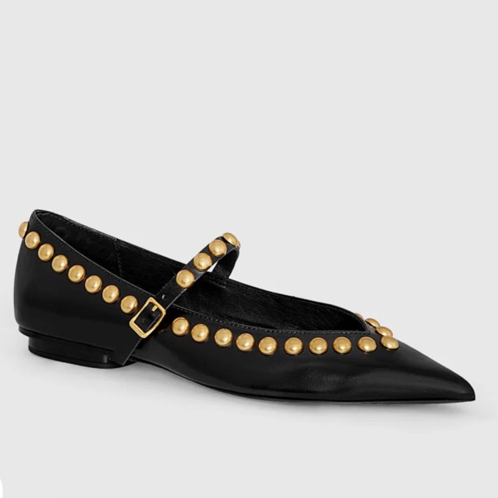 Rebecca Minkoff Milan Black and Gold Studded Mary Jane Pointed Toe Flats - Picture 7 of 12